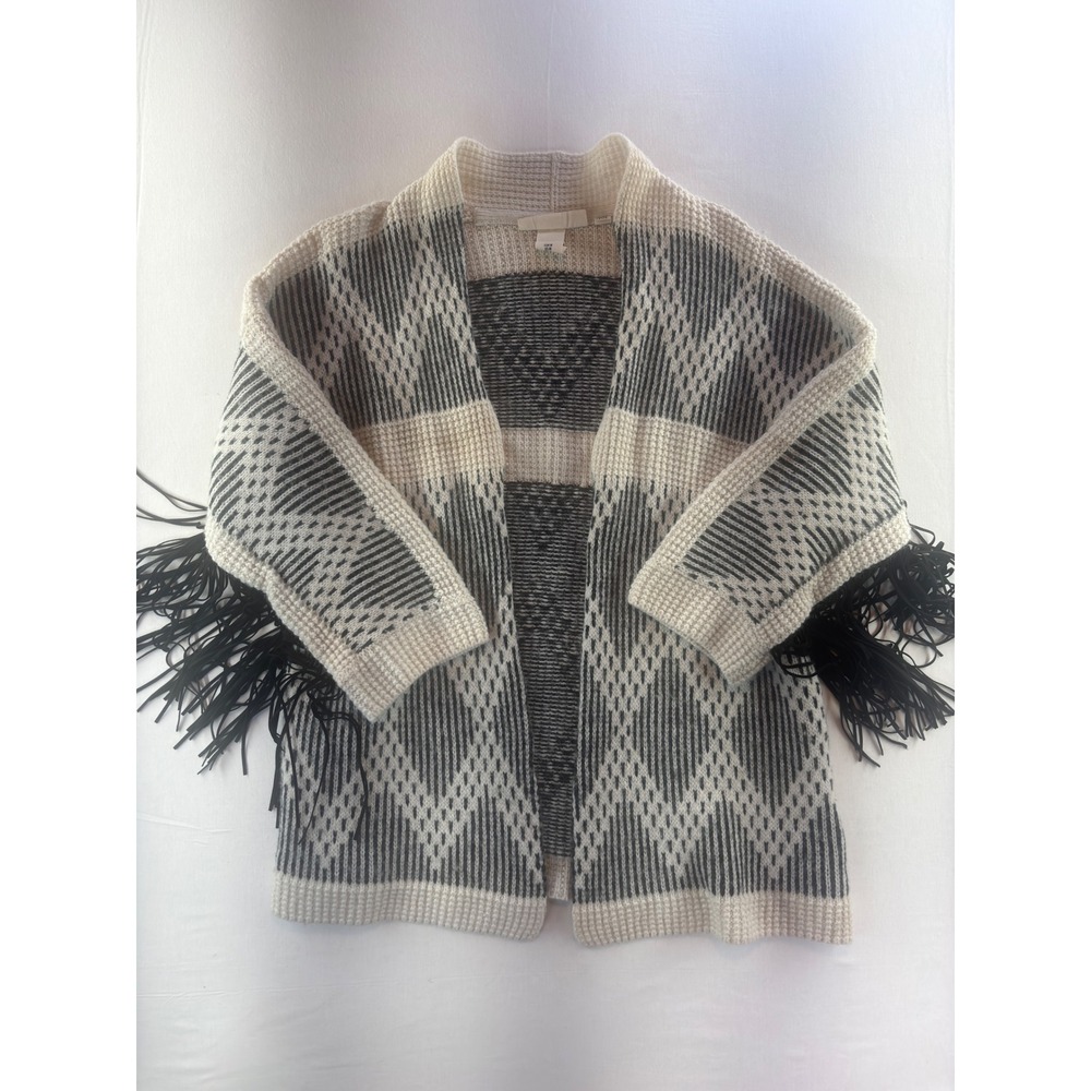 H&M LOGG Womens Medium Geometric Fringe Cardigan Wool Alpaca Blend Open Front